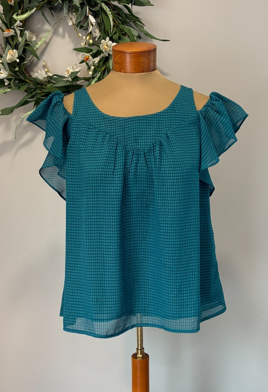 Anthropologie Maeve Cold Shoulder Top Teal Green Mini Check Lined Tank, Size 4